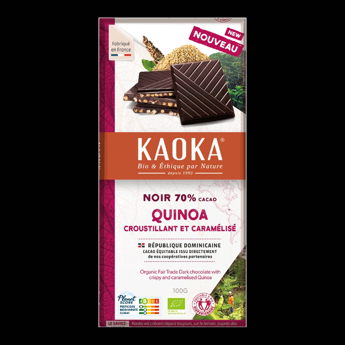 Chocolat noir 70% quinoa soufflé, Kaoka, 100g