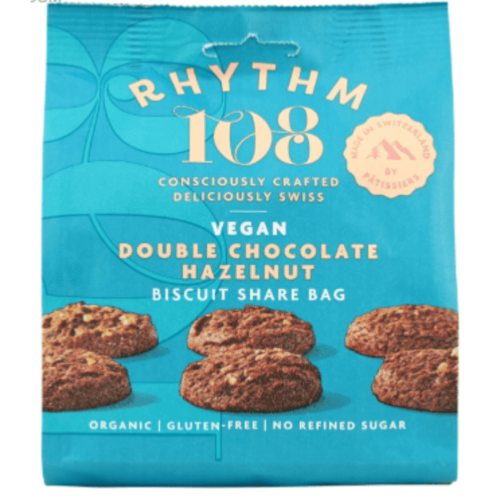 Sachet à partager suisse vegan de biscuits double chocolat et noisettes, Rhythm 108, 135g