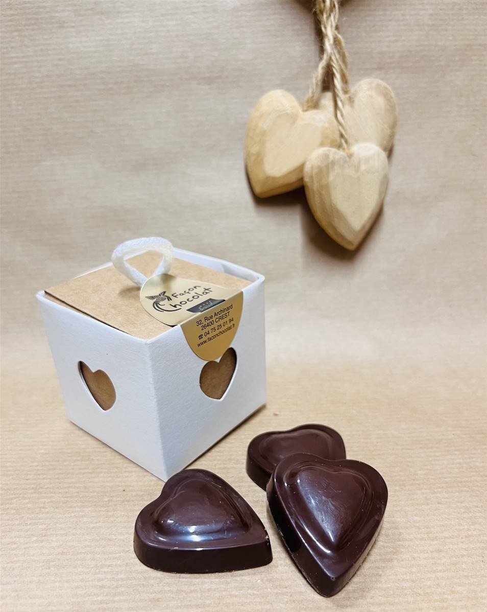 Boîte carrée 5 petits coeurs chocolat noir fourré framboise, Façon Chocolat, 45g*