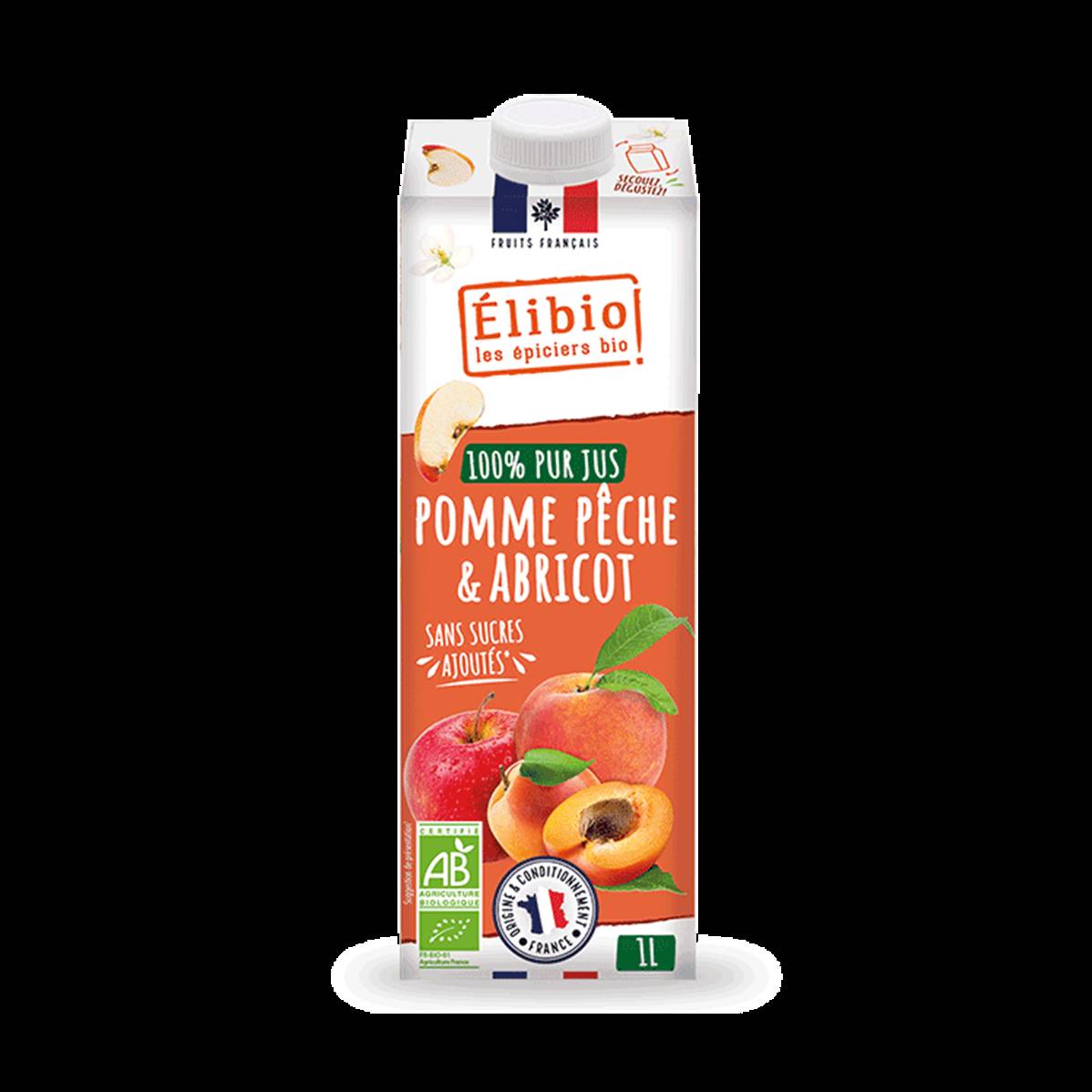 Jus de pomme pêche abricot sans sucre ajouté 1, Elibio, 1l*