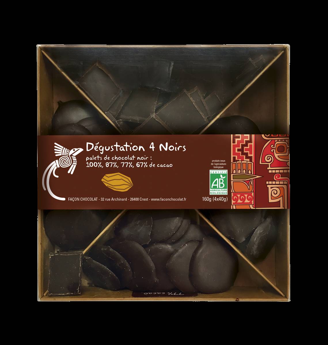 Dégustation 4 noirs - (100%, 87%, 77% 67% cacao), Façon Chocolat, 160g*