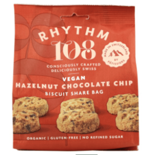 Sachet à partager suisse vegan aux pépites de chocolat et noisettes, Rhythm 108, 135g