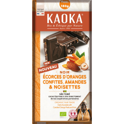 Chocolat noir orange confite amande & noix, Kaoka, 180g*