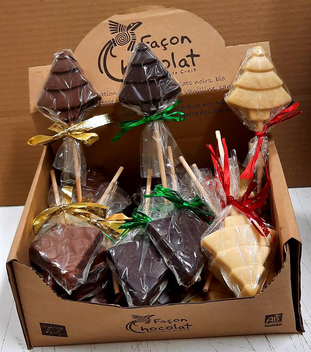 Boîte 30 sucettes Sapin ou etoile noir/praliné/blanc, Façon Chocolat, 750g*