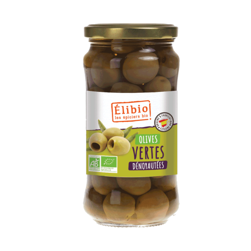 Olives vertes dénoyautées, Elibio, 350g*
