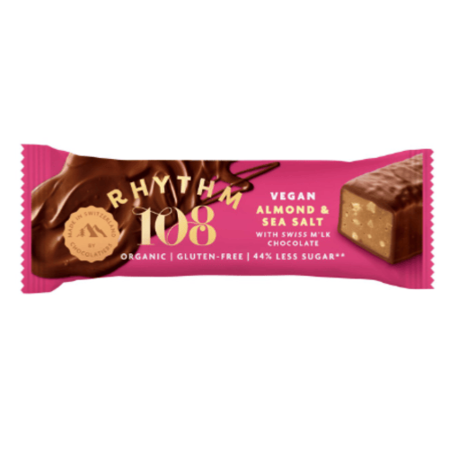 Barre suisse vegan aux amandes et sel de mer avec chocolat crémeux, Rhythm 108, 33g