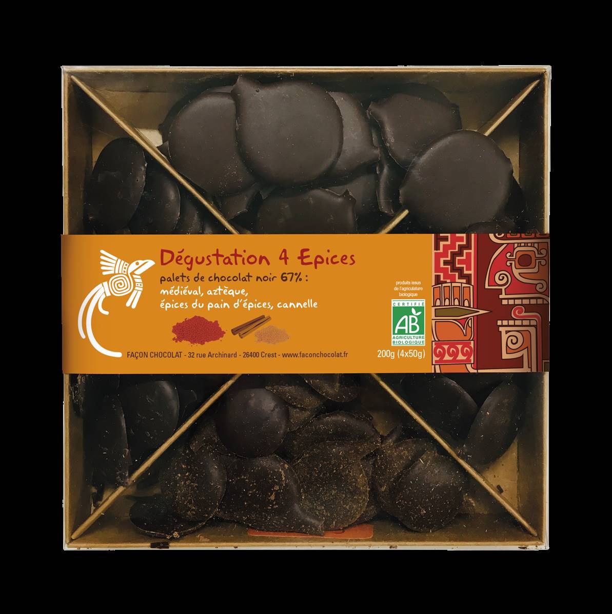 Dégust. 4 epices - (médiéval, aztèque, pain d'épices, cannelle), Façon Chocolat, 200g*