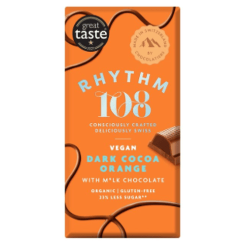Barre suisse vegan au cacao noir et à l'orange avec chocolat m'lk, Rhythm 108, 100g