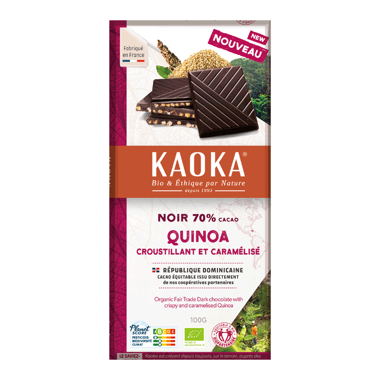 Chocolat noir 70% quinoa croustillant et caramélisé, Kaoka, 100g*
