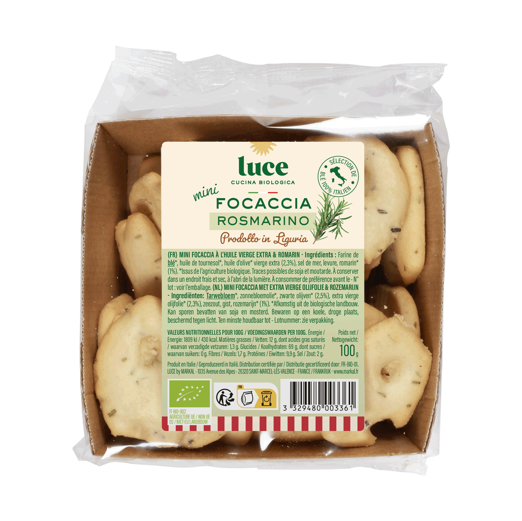 Mini focaccia à l'huile d'olive vierge extra et au romarin, Luce, 100g*