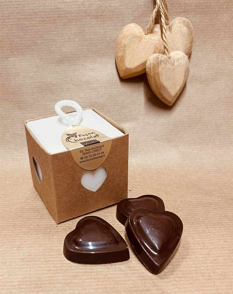Boîte carrée 5 petits coeurs chocolat noir praliné noisette, Façon Chocolat, 45g*