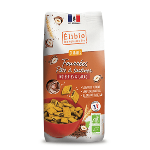 Céréales chocolat fourres à la pâte à tartiner noisette et cacao, Elibio, 375g*