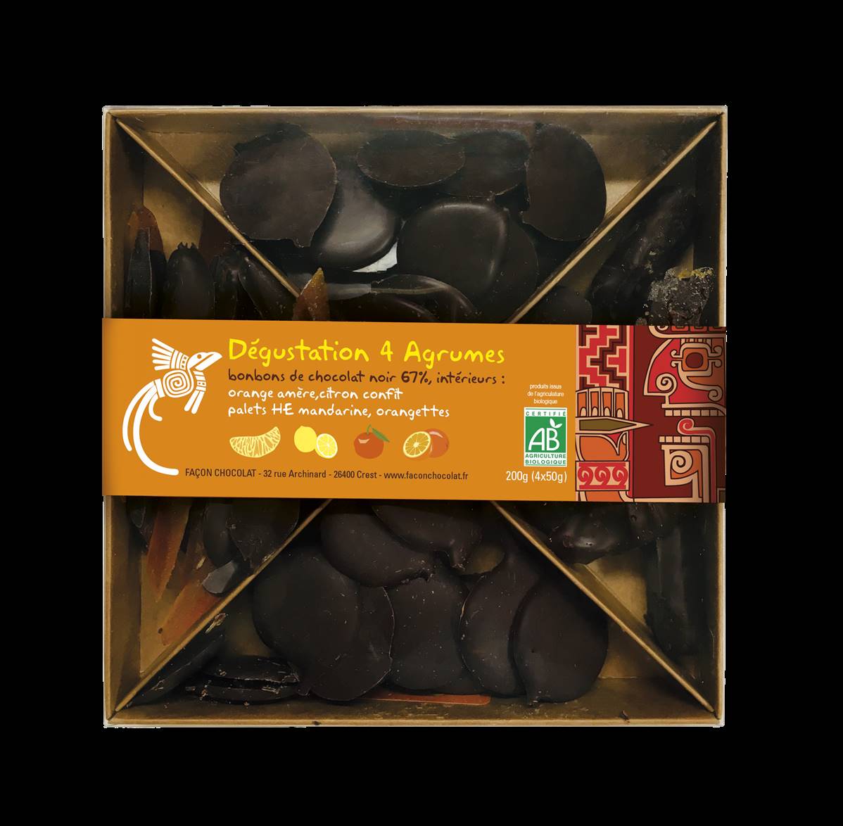 Dégustation 4 agrumes - (orange, citron, orangette, mandarine), Façon Chocolat, 200g*