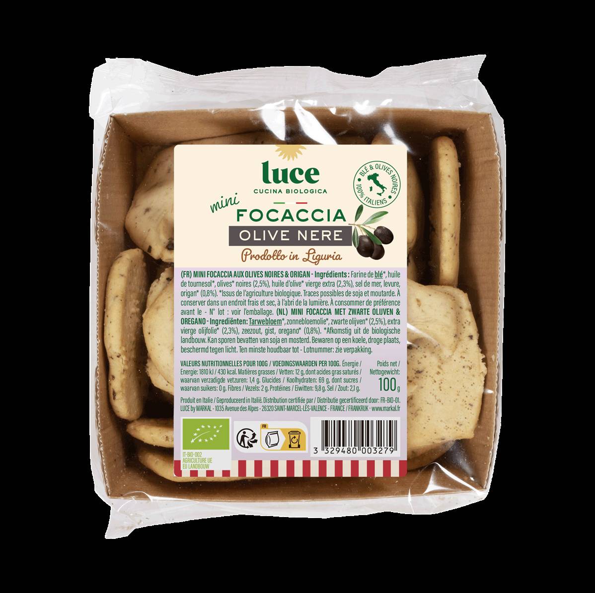 Mini focaccia olive noire, Luce, 100g