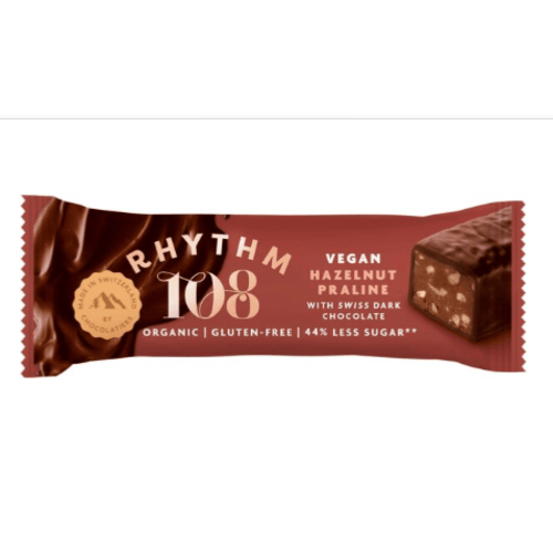 Barre pralinée suisse vegan aux noisettes et chocolat noir, Rhythm 108, 33g