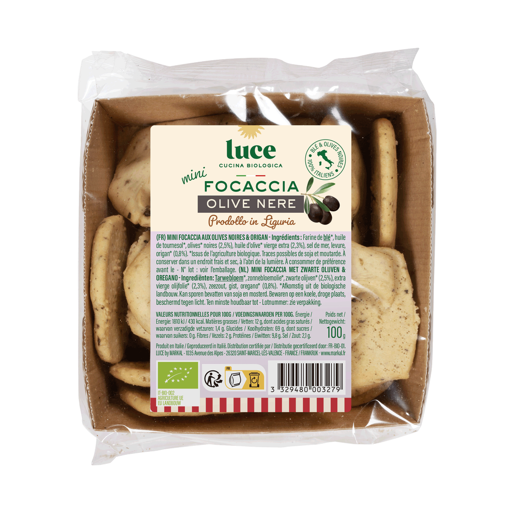 Mini focaccia à l'origan et aux olives noires, Luce, 100g*