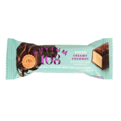 Barre suisse vegan à la noix de coco crémeuse avec chocolat noir, Rhythm 108, 33g