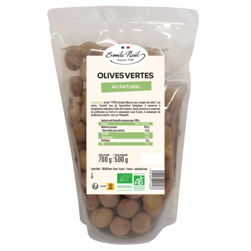 Olives vertes au naturel Bio, Emile Noël, 500g*