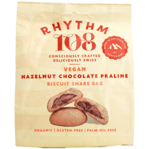 Sachet à partager suisse vegan de biscuits praliné chocolat noisette, Rhythm 108, 135g